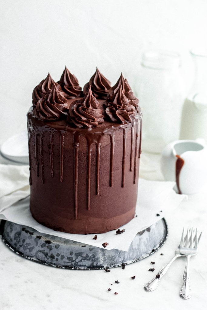 chocolate cake on cake stand