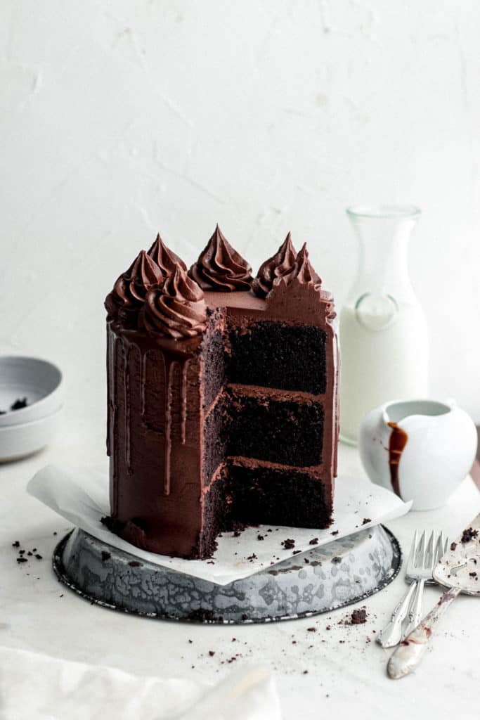 chocolate cake on cake stand