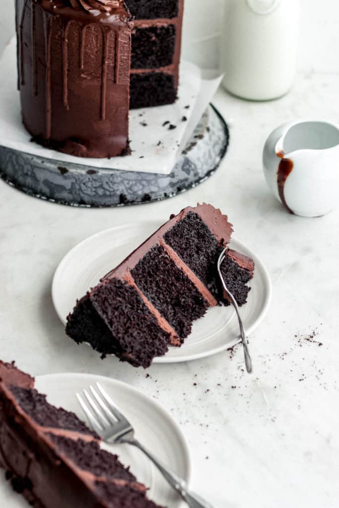 slice of chocolate cake on a plate 