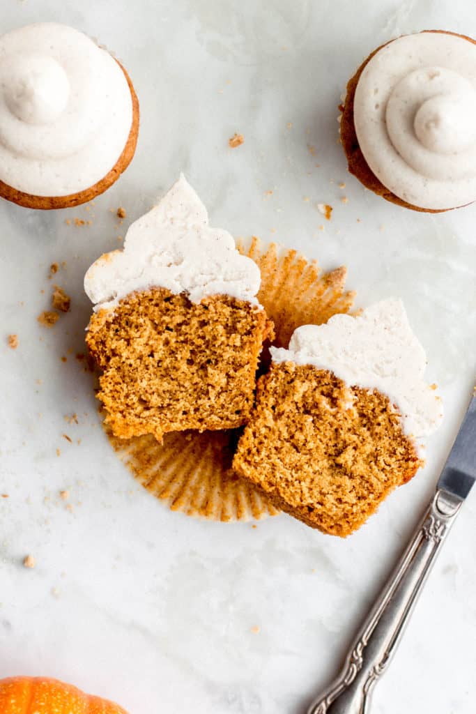 pumpkin cupcake sliced in half lengthwise