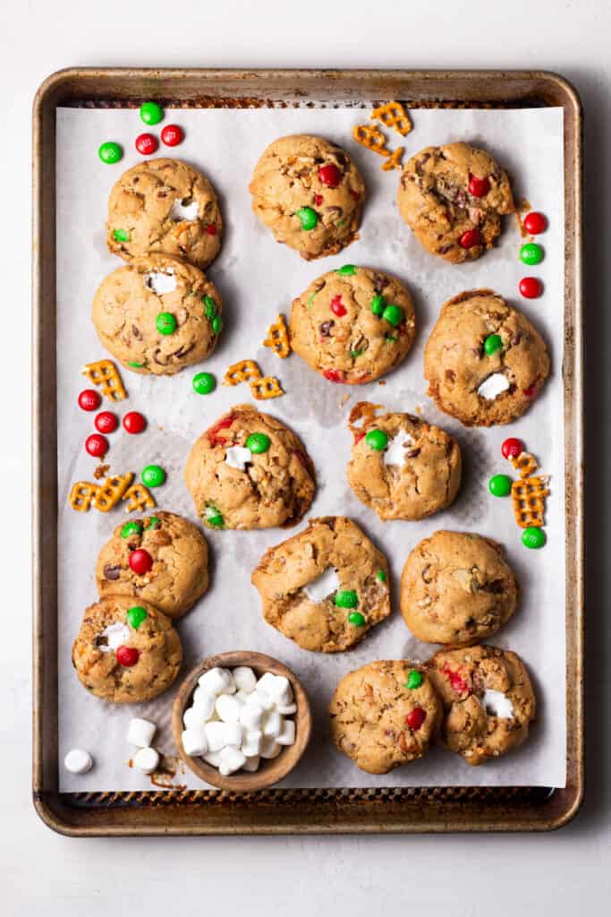 Santa's kitchen sink cookies on a sheet pan