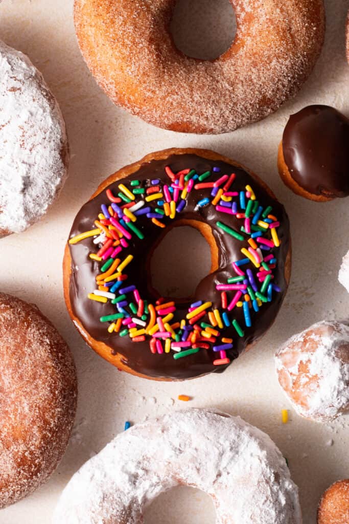 chocolate-glazed donut with rainbow sprinkles