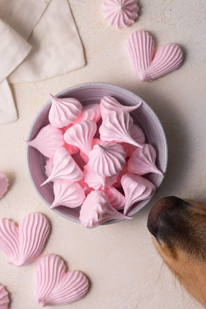 meringue cookies in a bowl on a surface with dogs nose :)