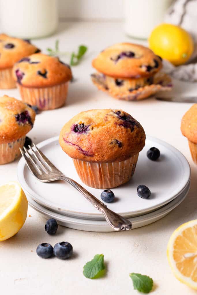 bluberry muffin on a plate surrounded by other blueberry muffins