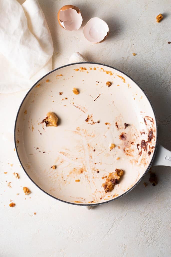 empty skillet after eating chocolate chip skillet cookie