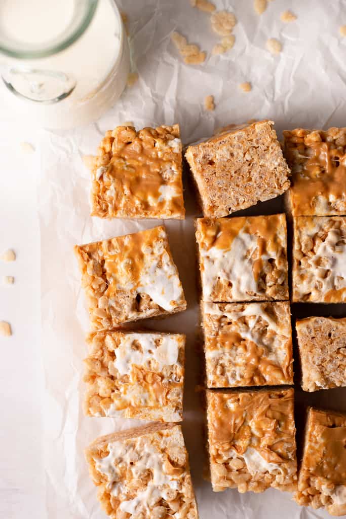 peanut butter rice krispie treats on a board