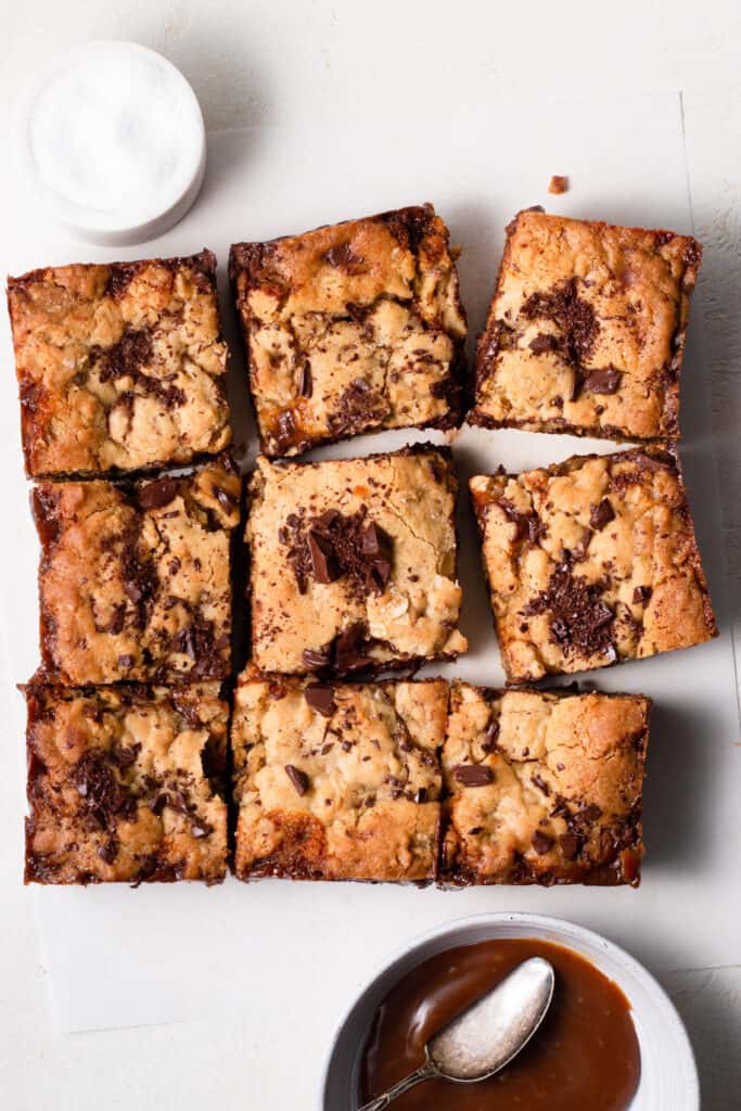 salted caramel oatmeal cookie bars on a board