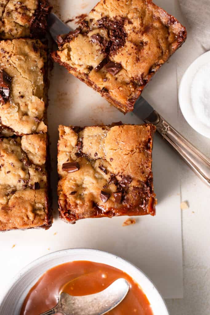 salted caramel oatmeal cookie bars on a board