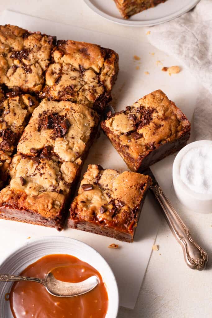 salted caramel oatmeal cookie bars on a board