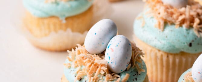 robins egg easter cupcakes on a board