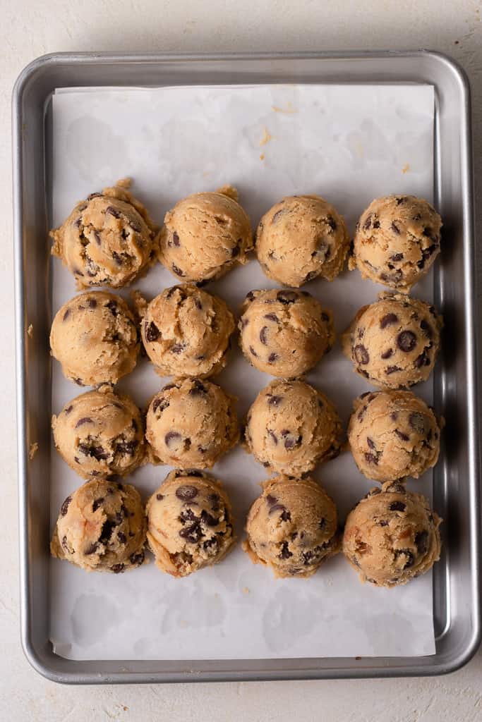 how to freeze cookie dough - frozen dough balls on a small sheet pan