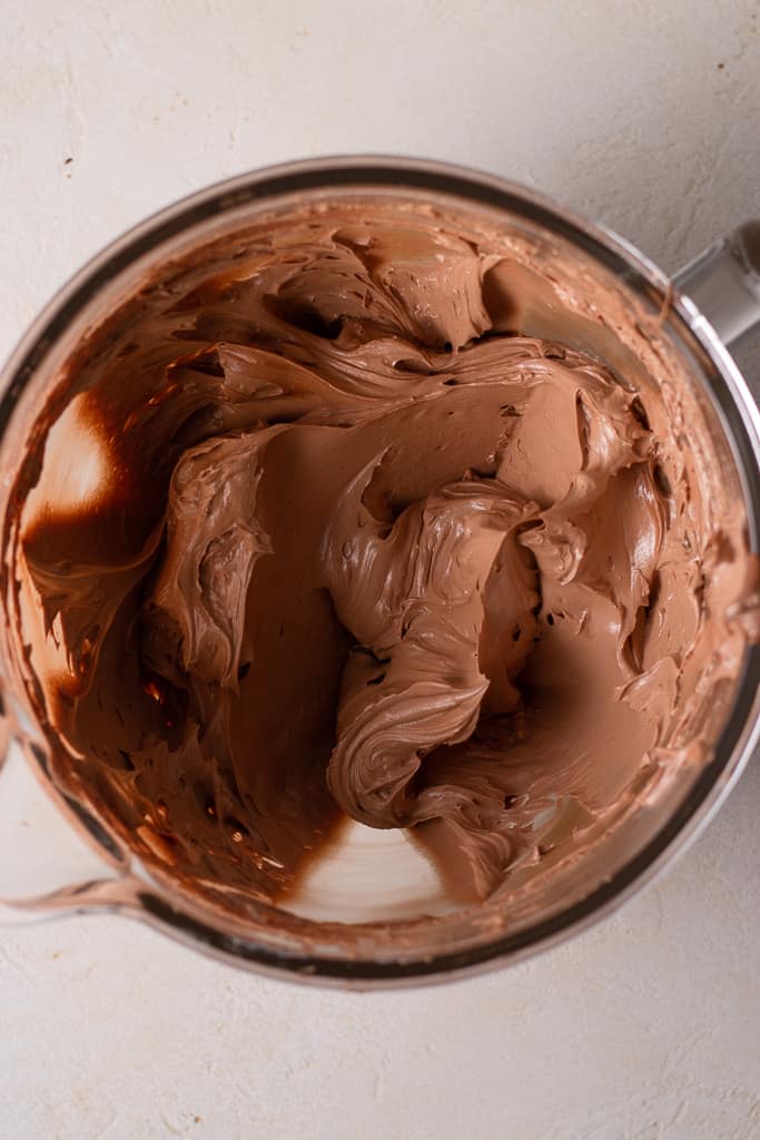 chocolate French buttercream in a stand mixer bowl