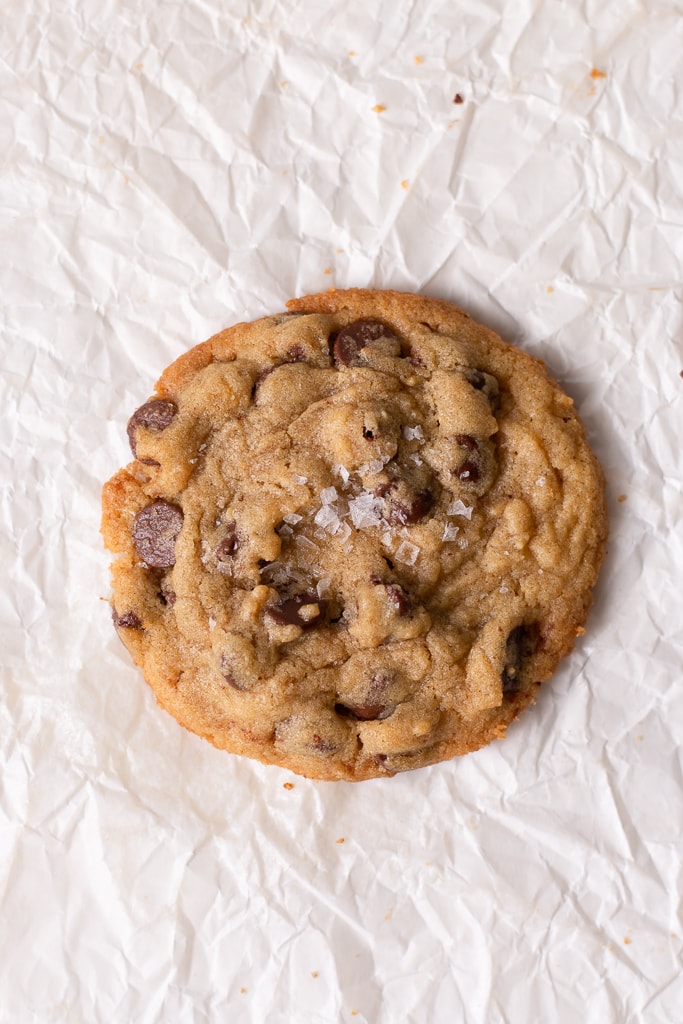 one single peanut butter chocolate chip cookie on a piece of parchment paper