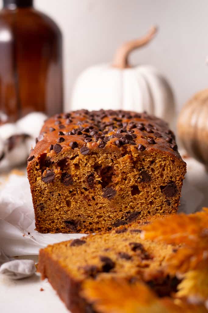 side shot of chocolate chip pumpkin bread center