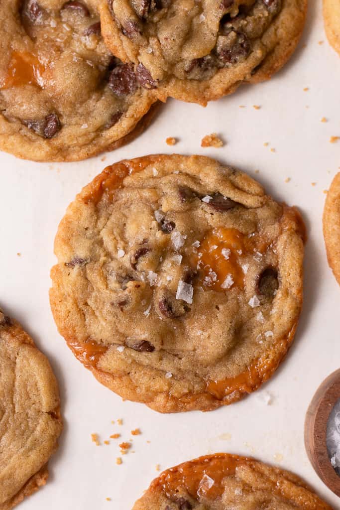 close up of a salted caramel chocolate chip cookie
