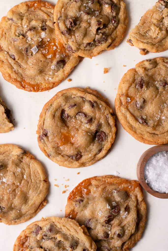 salted caramel chocolate chip cookies on a platter