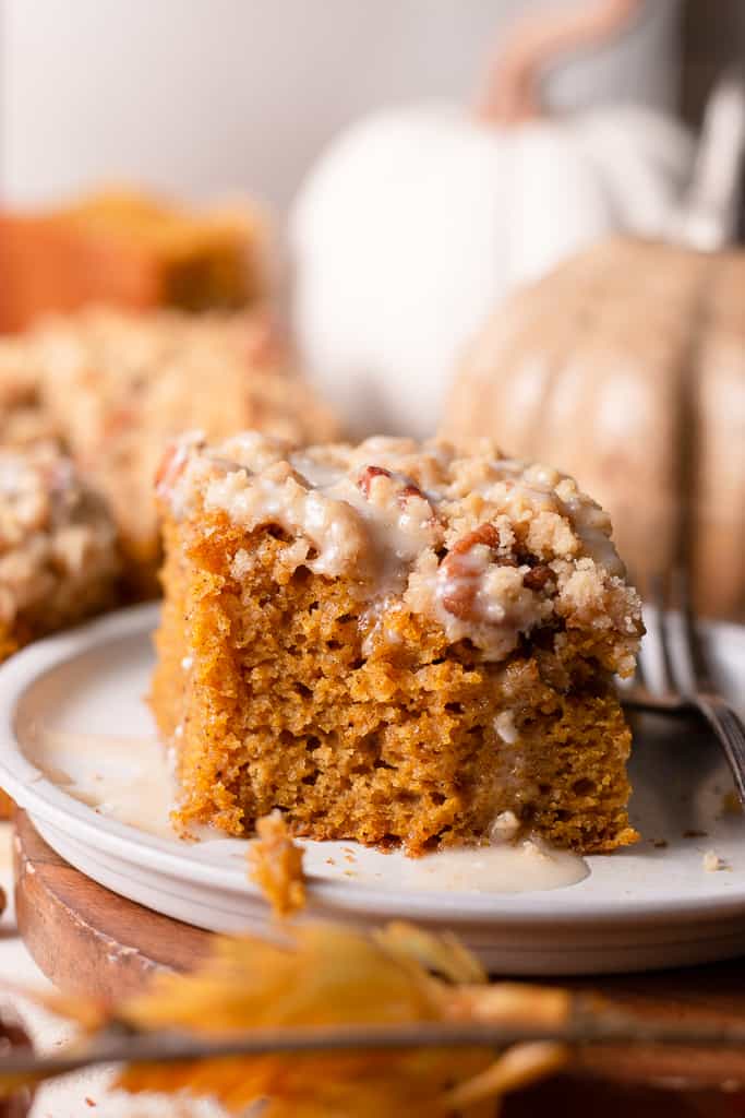 pumpkin coffee cake on a plate with a fork