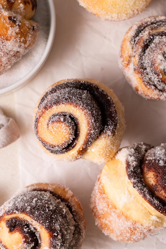 overhead shot of a chocolate bun.