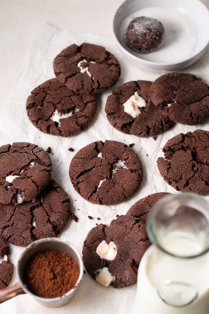 hot chocolate cookies shot at a 45 degree angle.