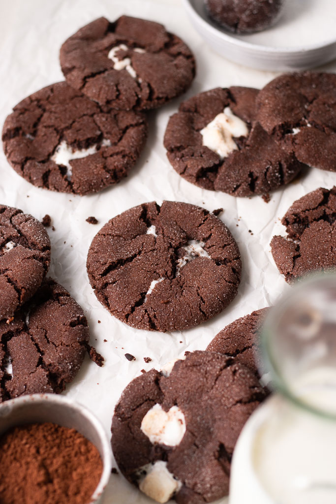 chocolate marshmallow cookies on a board.